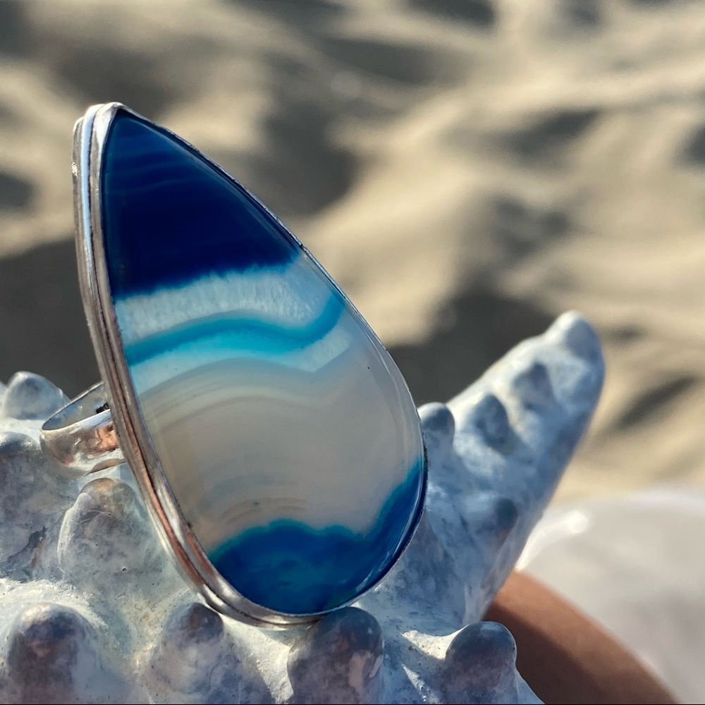 Blue Botswana Agate Teardrop Gemstone Ring. - image 4